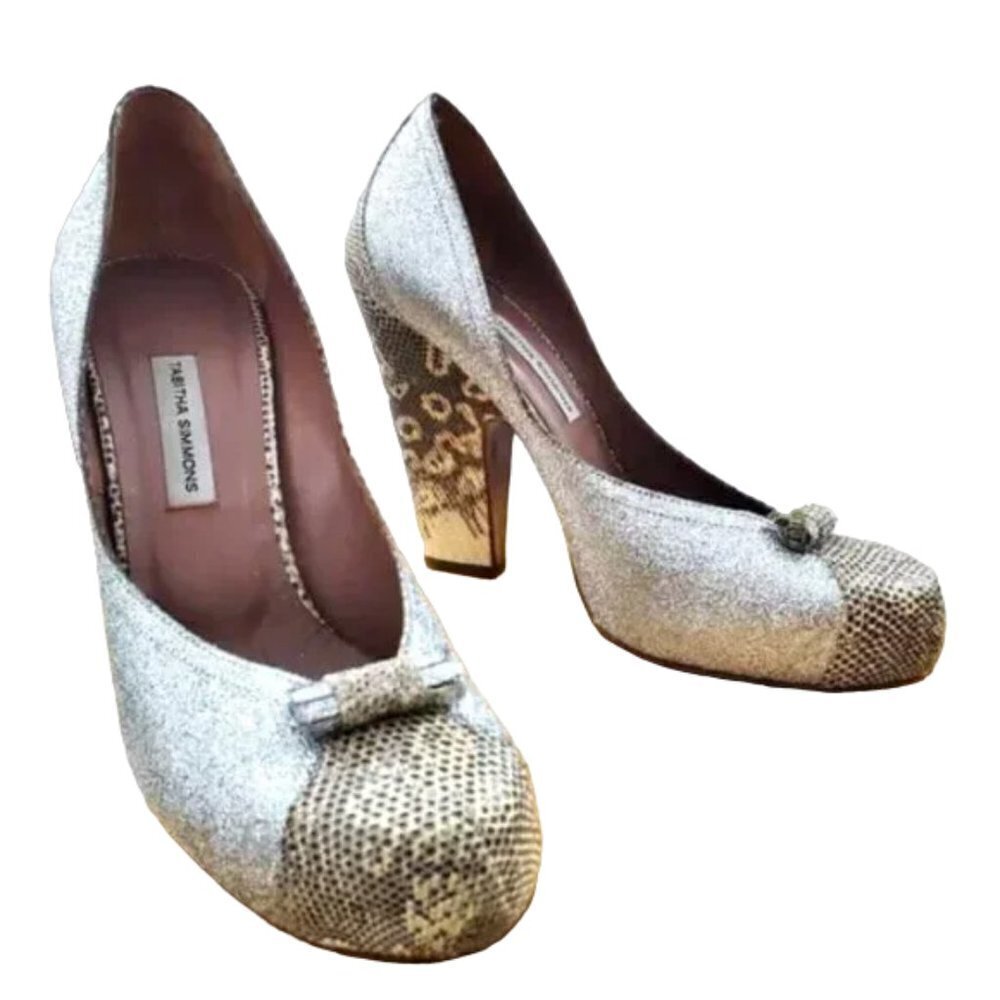 Tabitha Simmons Heels Size 37.5 / 7 Snake + Glitter silver Chunky Platform Party